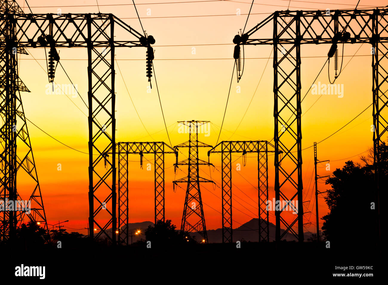 High voltage post and sky in twilight time Stock Photo - Alamy