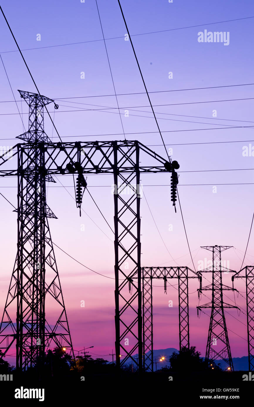 High voltage post and sky in twilight time Stock Photo - Alamy