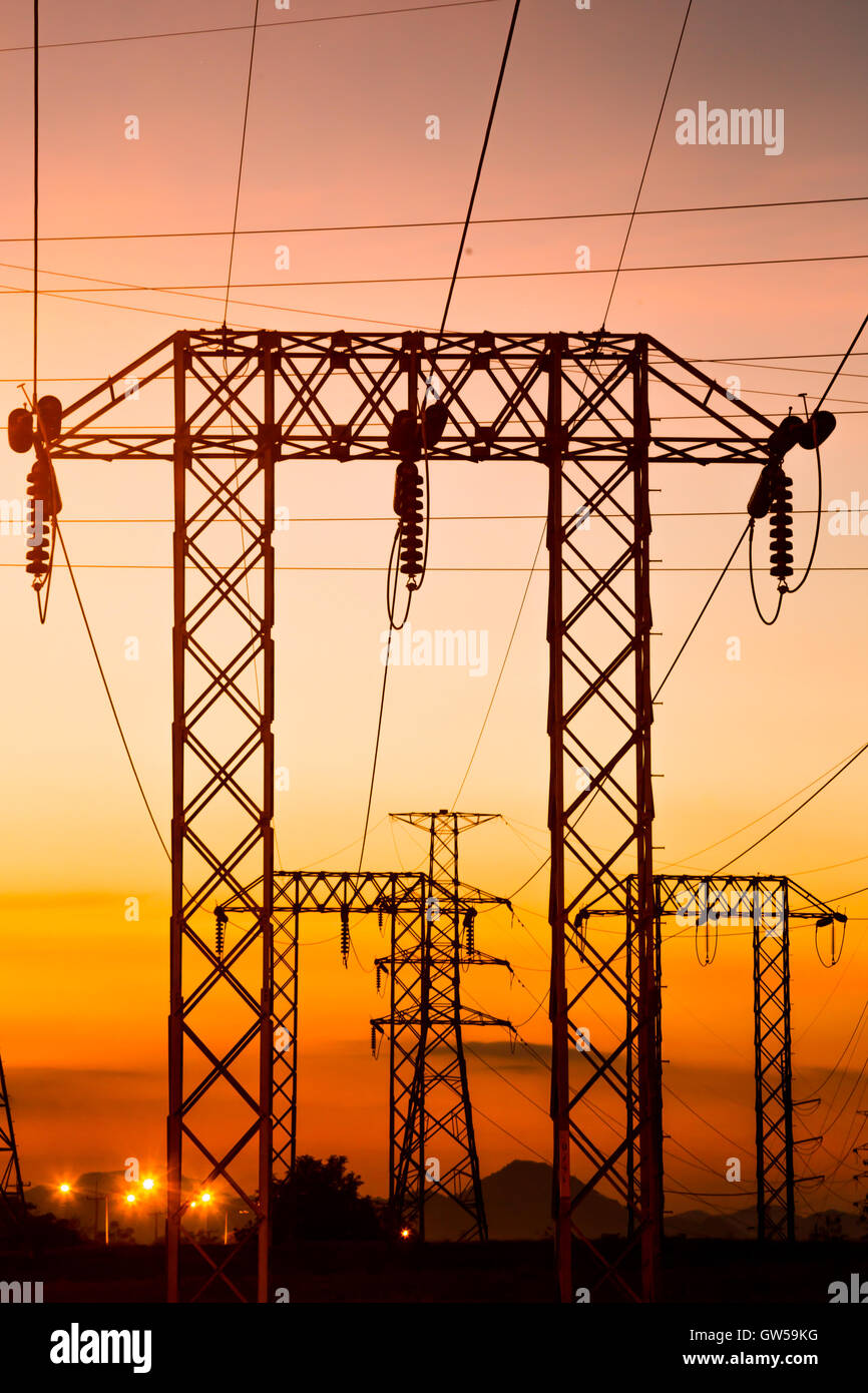 High voltage post and sky in twilight time Stock Photo - Alamy