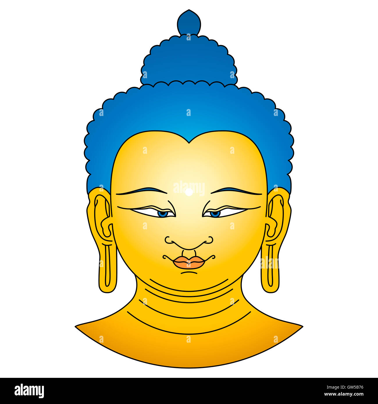 Gold colored Buddha head with blue hairs. Bodhisattva illustration on