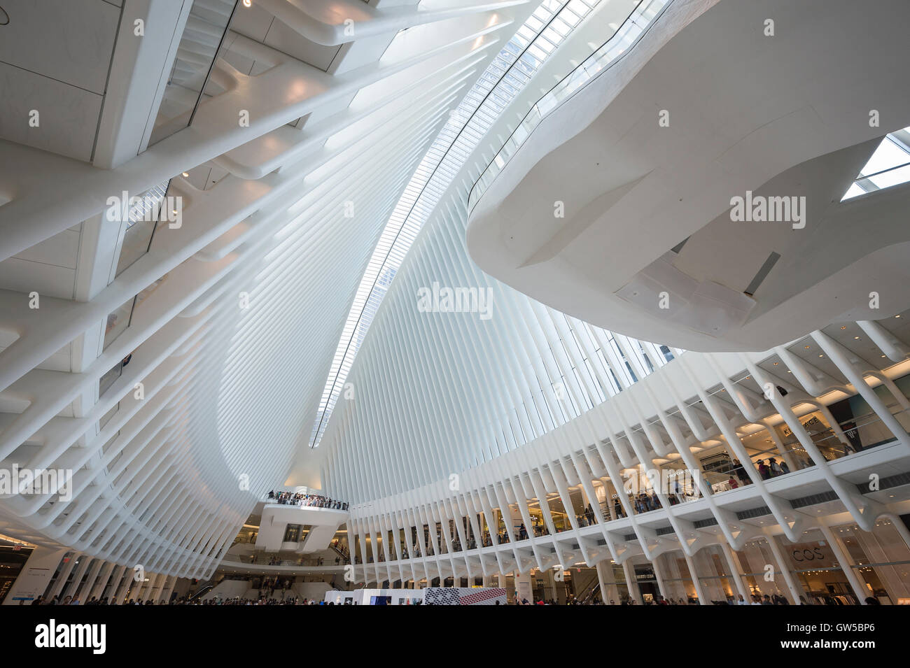 NEW YORK CITY - SEPTEMBER 4, 2016: Distinctive architectural form defines the main hall of the Oculus transportation hub. Stock Photo