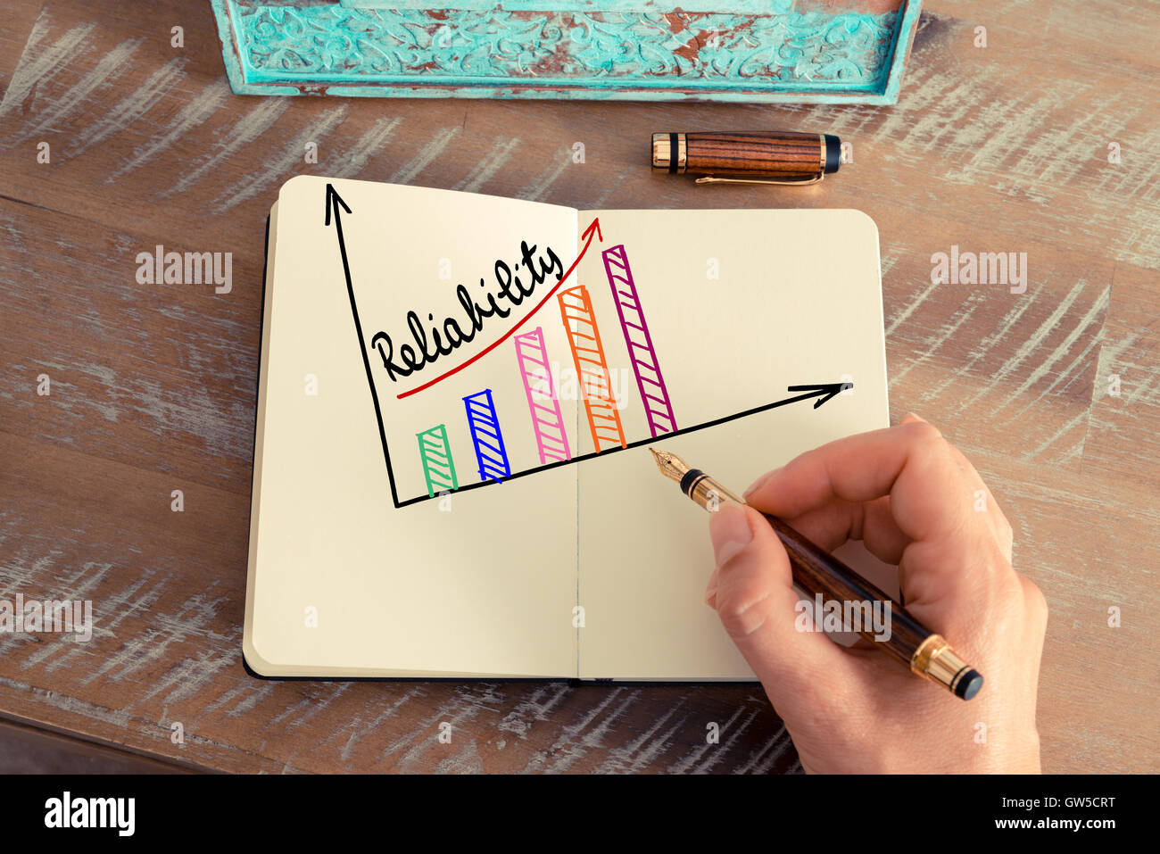 Retro effect and toned image of a woman hand drawing a colourful RELIABILITY graph with fountain pen on a notebook. Stock Photo