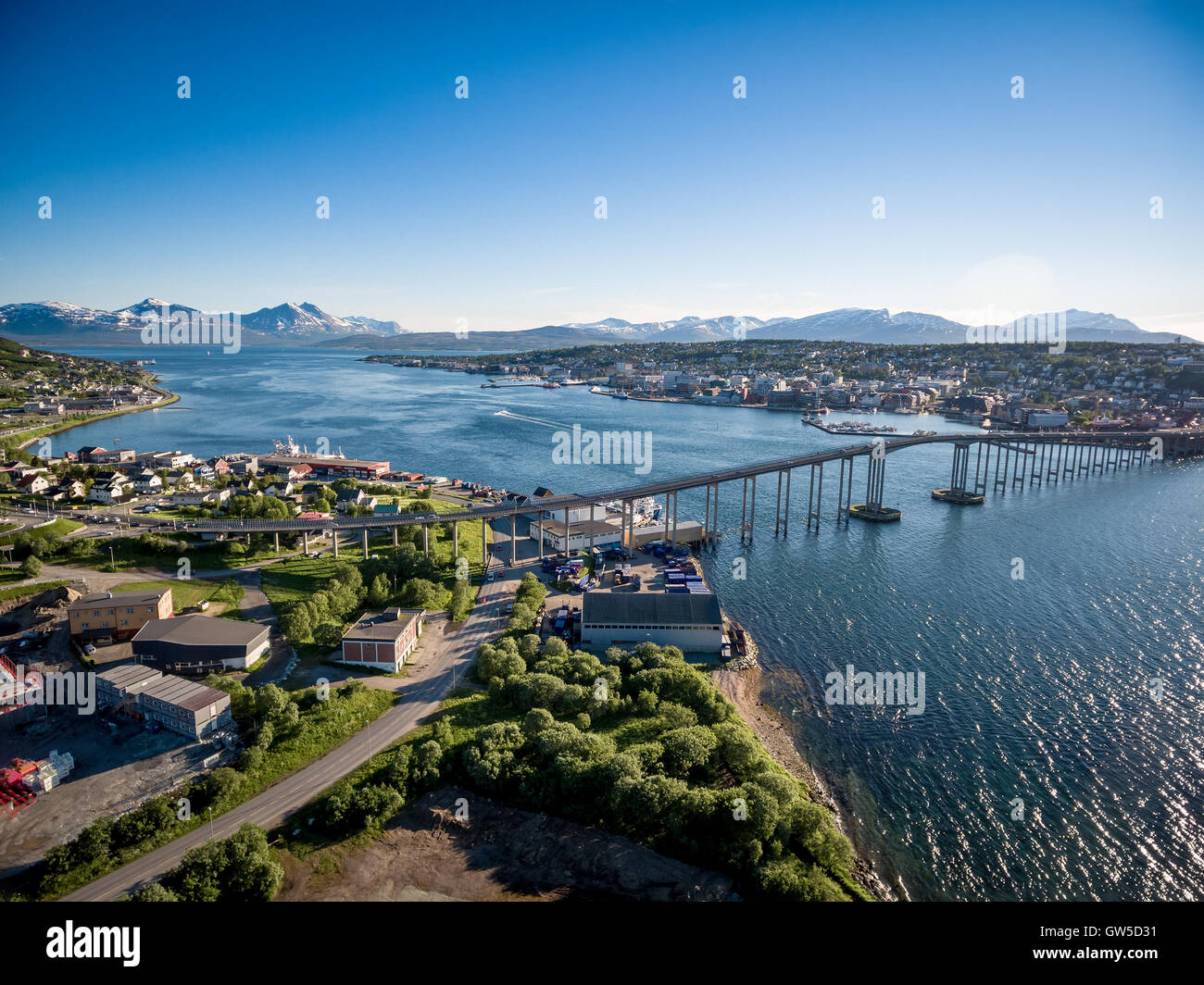 Bridge of city Tromso, Norway aerial photography. Tromso is considered
