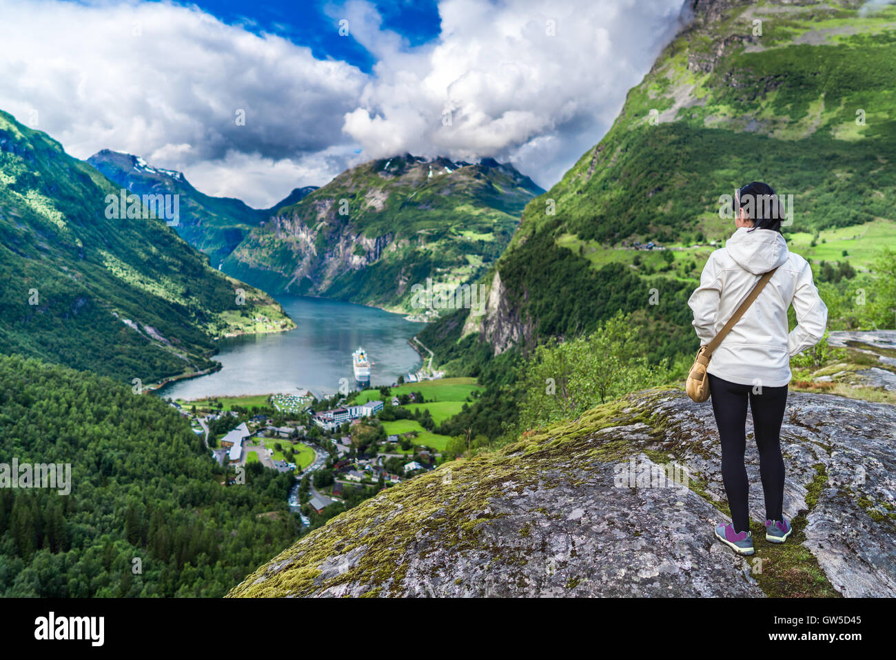 Geiranger fjord, Beautiful Nature Norway panorama. It is a 15-kilometre (9.3 mi) long branch off of the Sunnylvsfjorden, which i Stock Photo