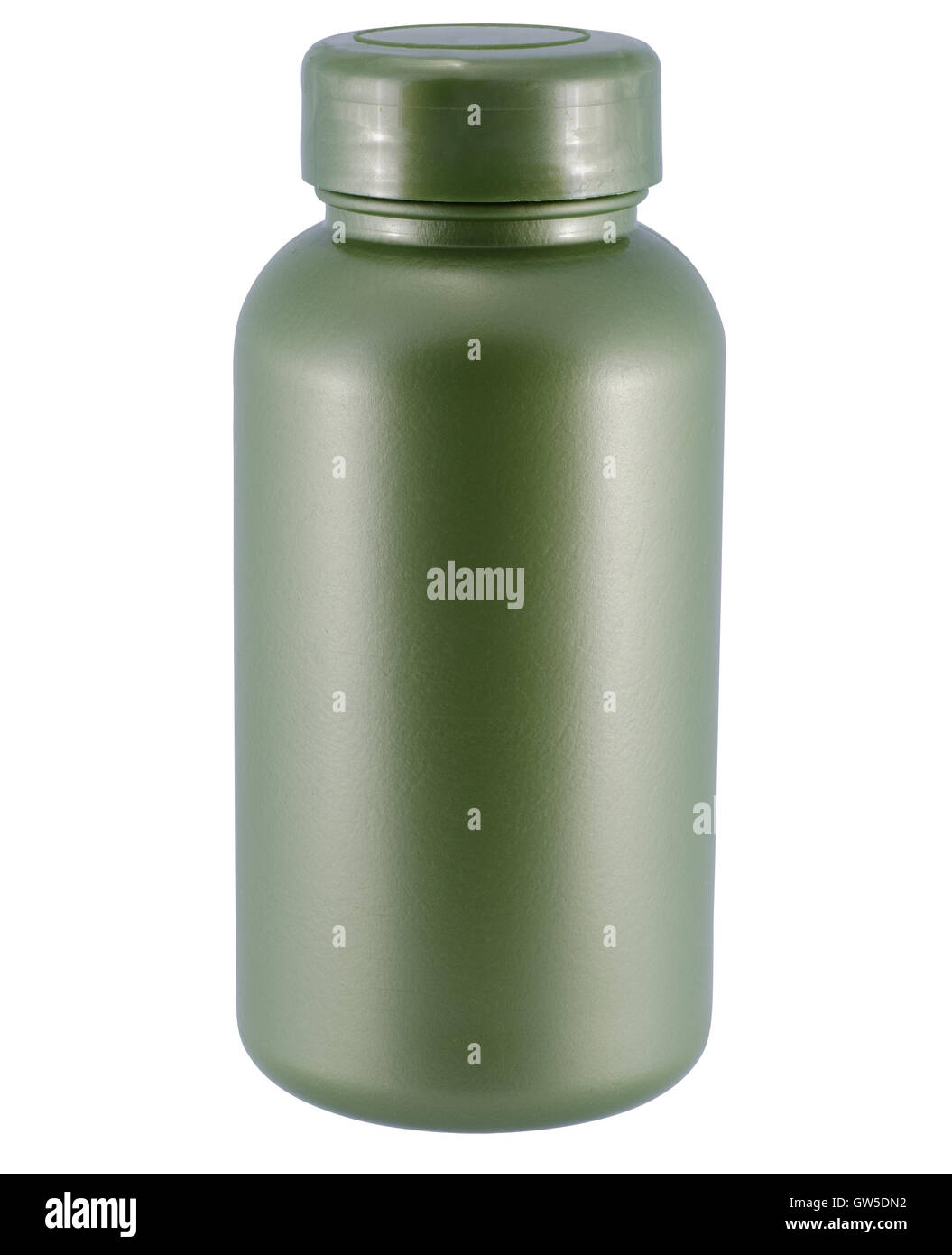 Green plastic medicine bottle on white background. Clipping path