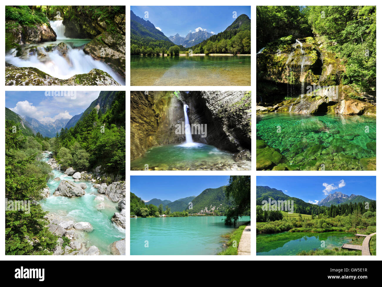 Collage of some of the most beautiful Slovenian rivers, lakes and waterfalls Stock Photo