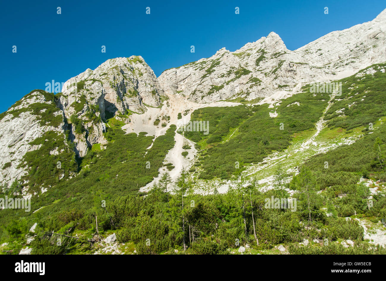 Road to mountain pass Vrsic, Slovenia Stock Photo