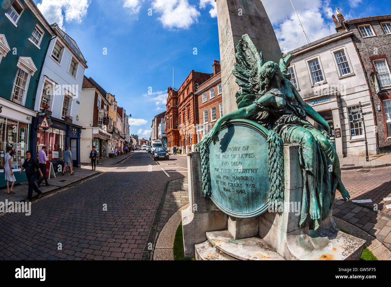 High Street, Lewes, East Sussex with War Memorial close-up Stock Photo