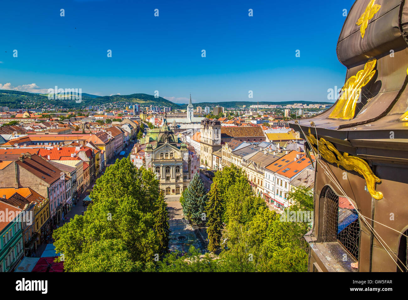 View to Kosice theatre and Kosice old town from the top of Saint Elisabeth Cathedral tower. Kosice is the biggest city in easter Stock Photo