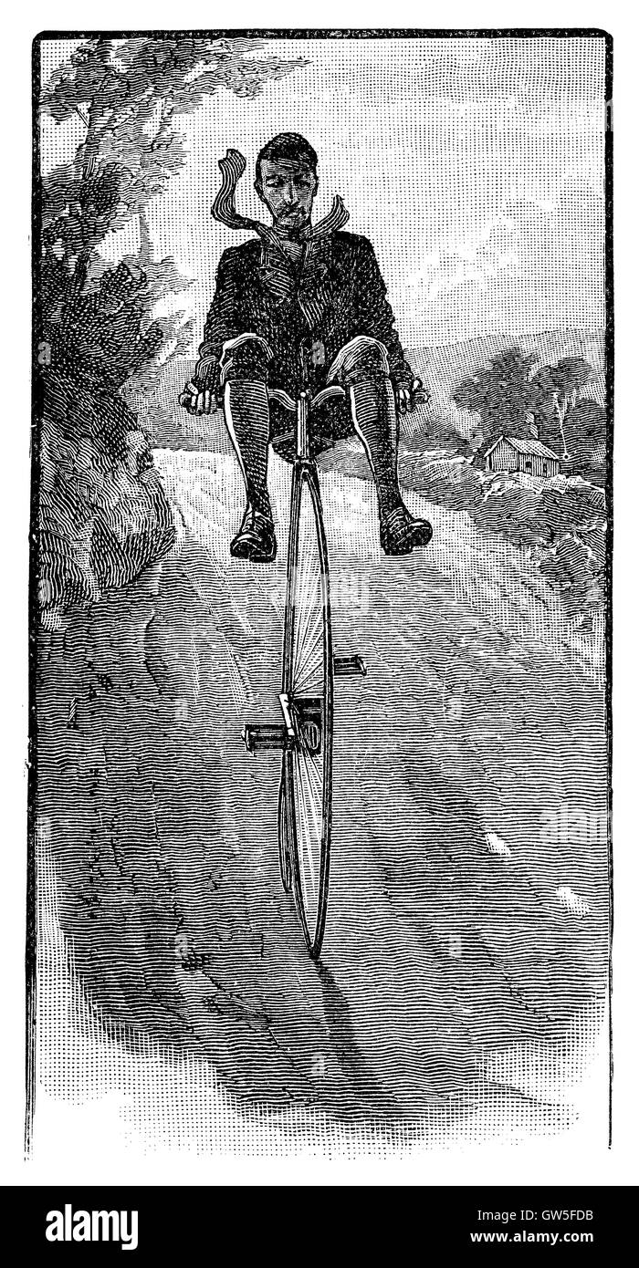Black and white engraving of a Victorian gentleman on a penny farthing freewheeling down a hill Stock Photo