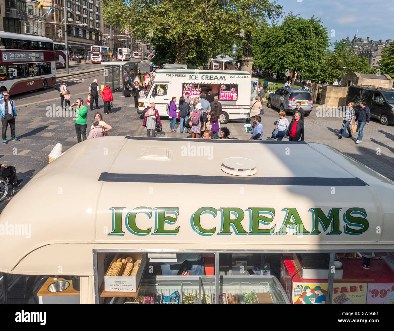 Two Ice Cream Vans on Princes Street Edinburgh in summer. Stock Photo
