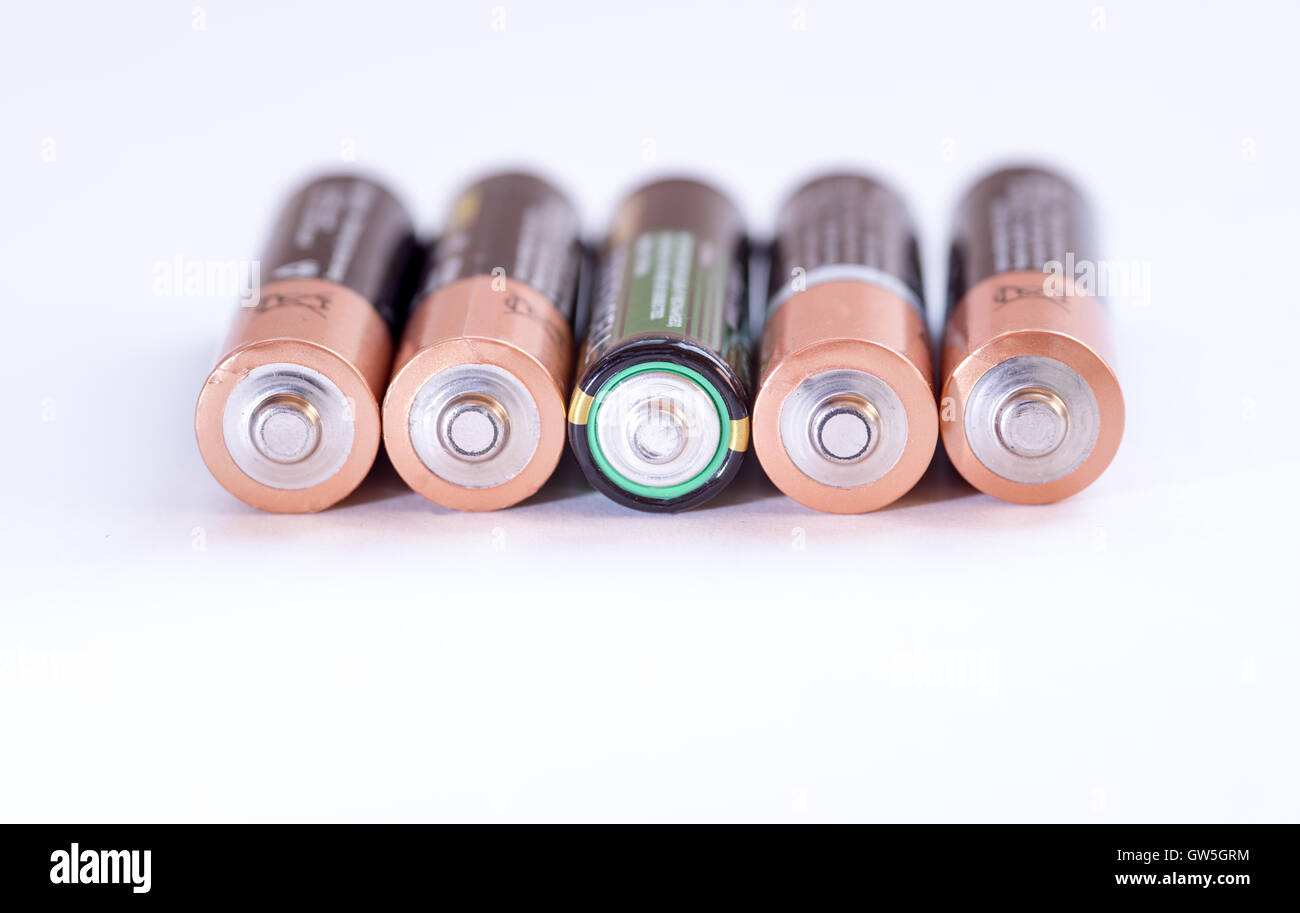 Group of used disposable drain batteries  ready for recycling. Stock Photo