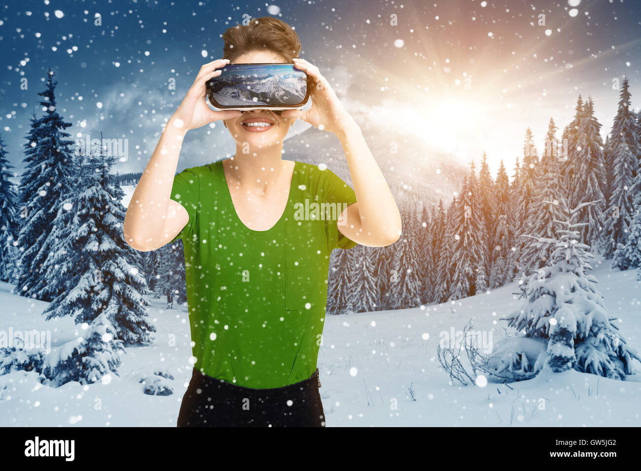 Young girl getting experience VR headset glasses, is using augmented ...