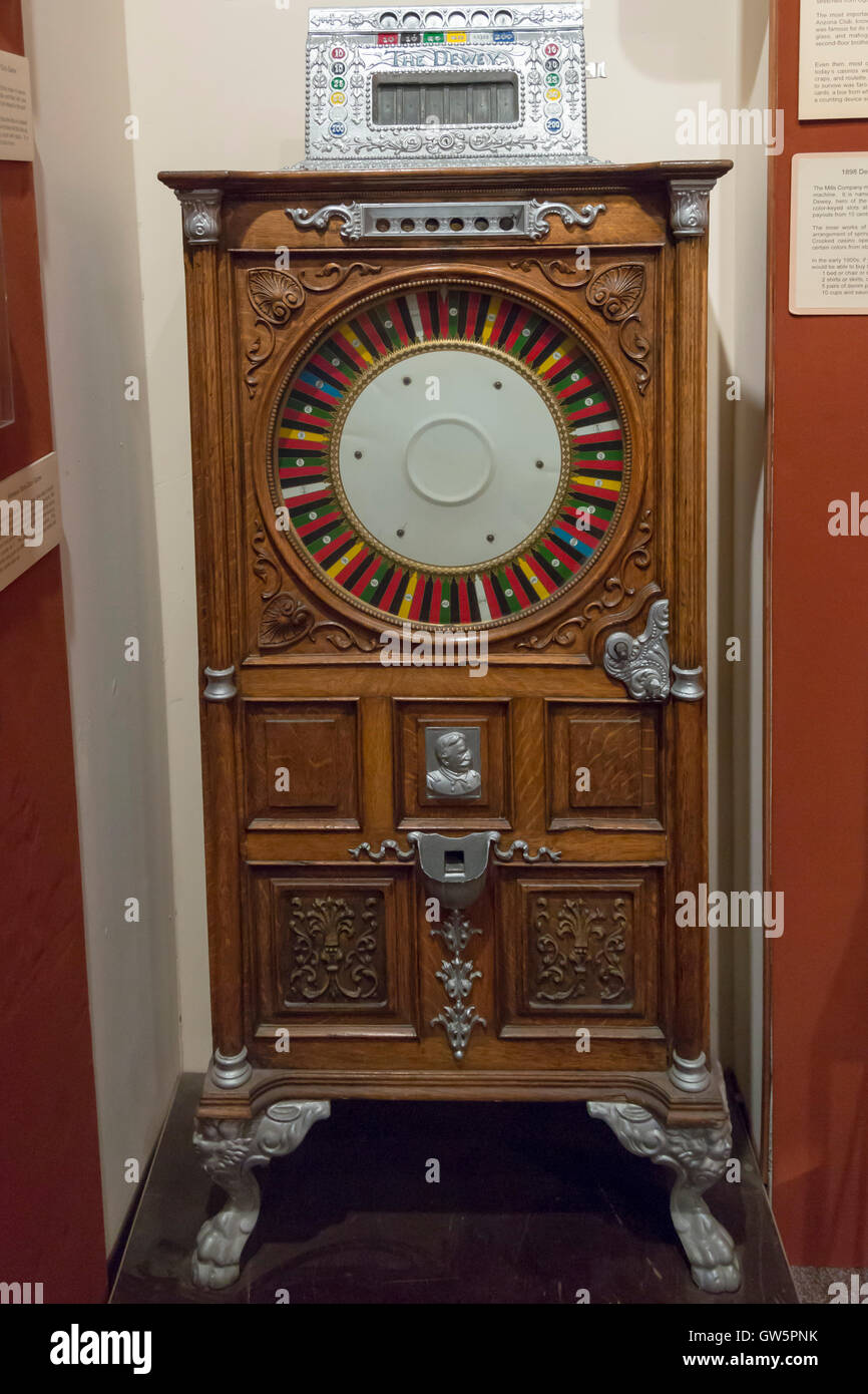 Las Vegas, Nevada - An 1898 Dewey slot machine on display at the Clark County Museum. Stock Photo