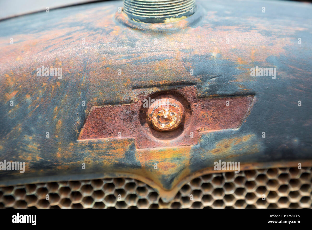 Las Vegas, Nevada - The rusted 'bowtie' emblem on an early Chevrolet truck at the Clark County Museum. Stock Photo