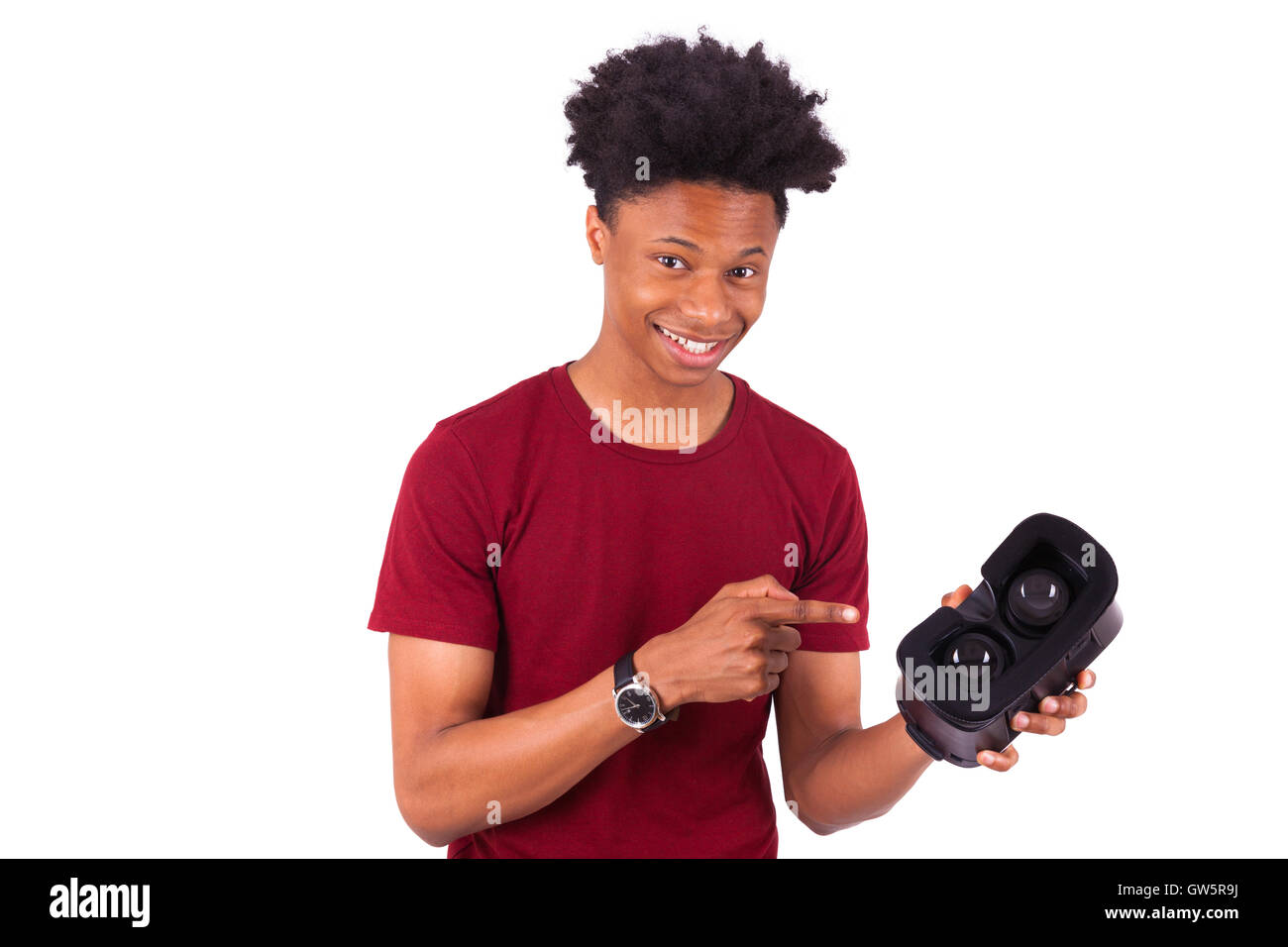 African American young man giving a vr virtual reality headset over ...