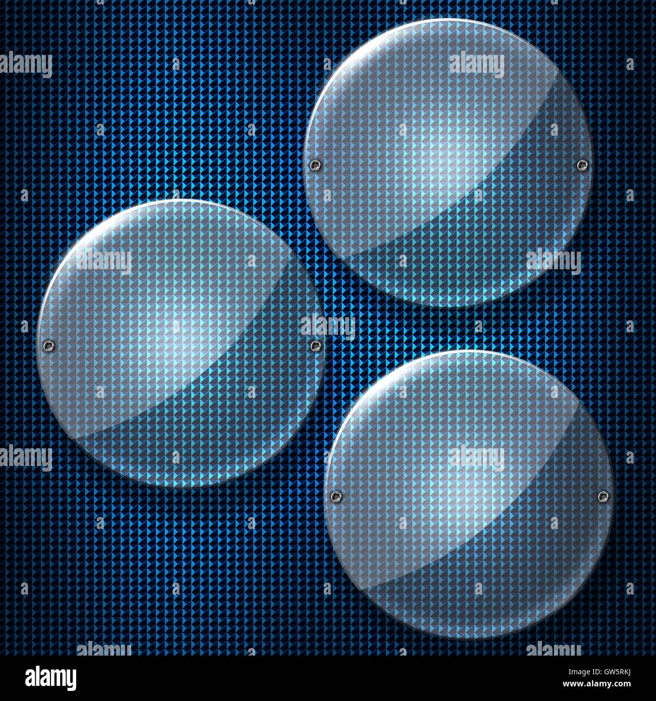 set 8. circle glossy glass with rivet on blue mesh metal wall. 3d illustration background. Stock Photo