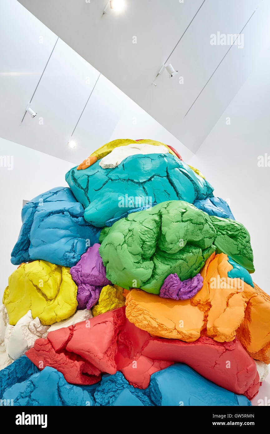 Main upper gallery space with Jeff Koons 'PlayDoh' Sculpture angled ceiling. NEWPORT STREET