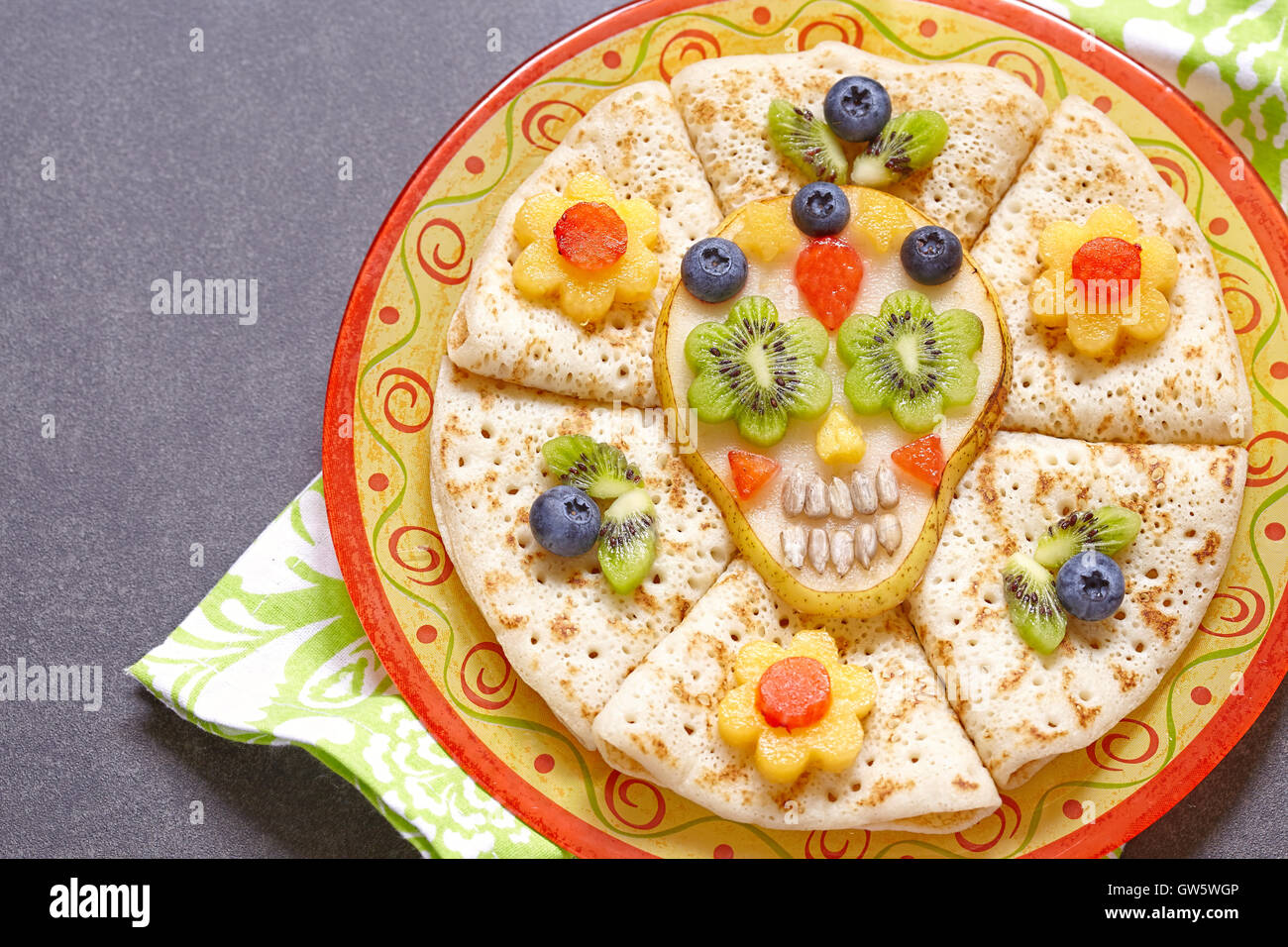 Fruity Sugar scull with crepes for Halloween Stock Photo