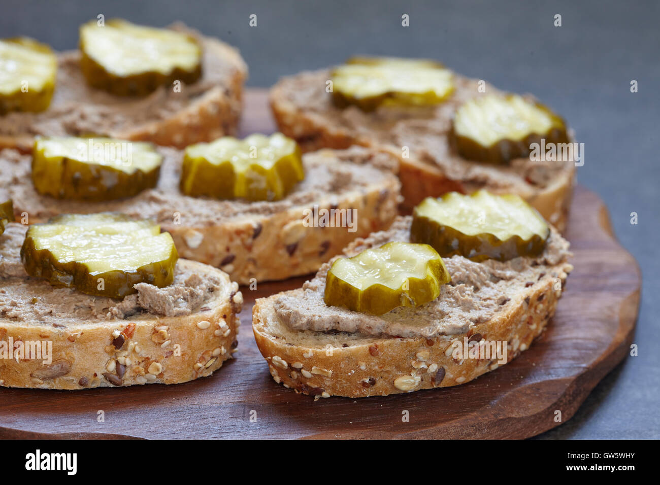 bread with liver pate and pickle cucumber Stock Photo Alamy