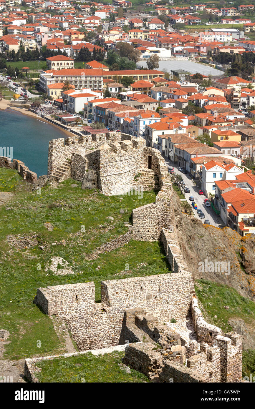 The town of Myrina, in Lemnos island, Greece, and part of the castle of the town. Stock Photo