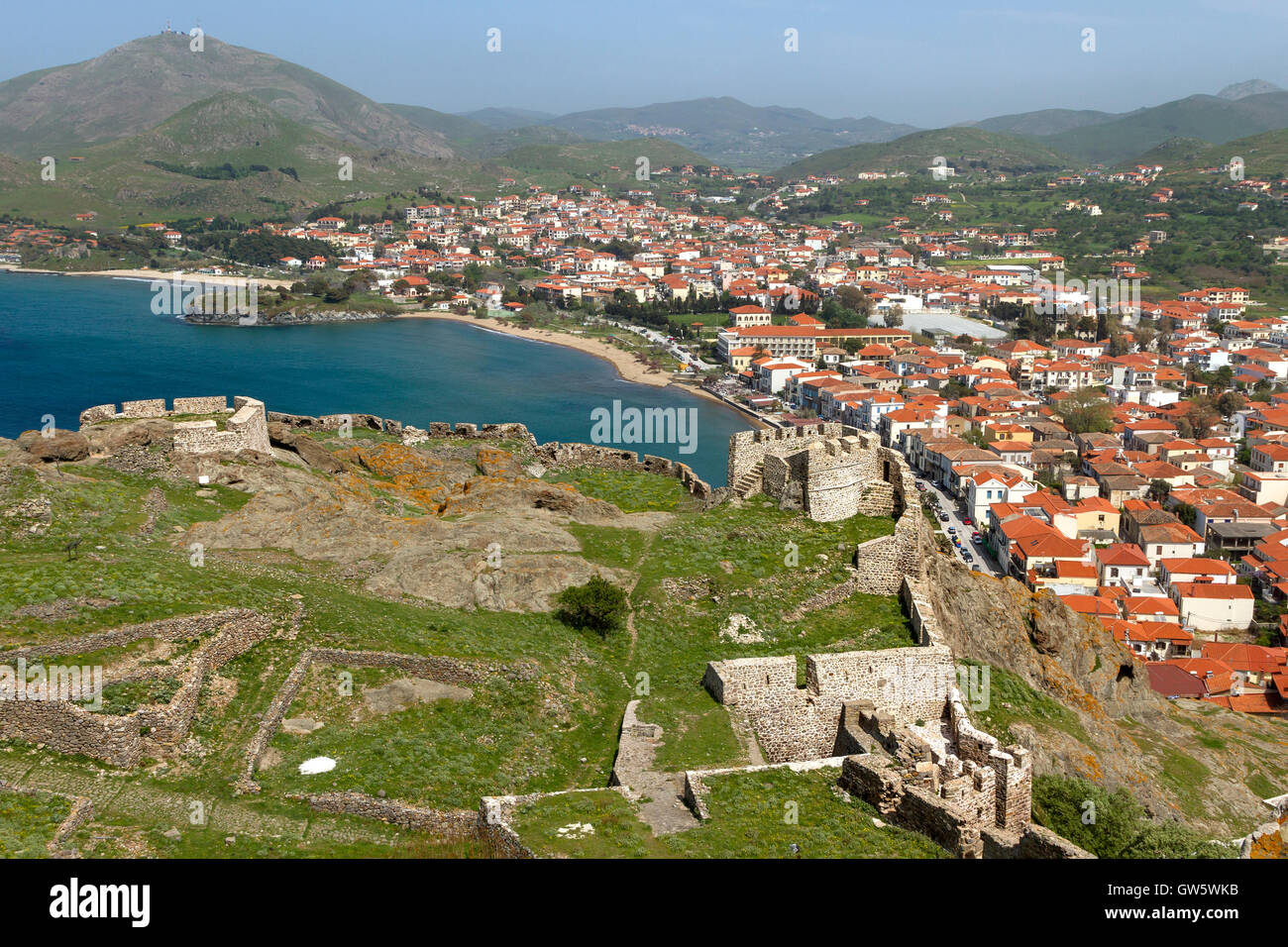 The town of Myrina, in Lemnos island, Greece, and part of the castle of the town. The local medieval castle is one the largest in the Mediterranean. Stock Photo