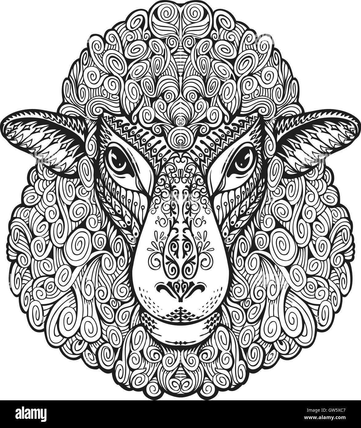 Head sheep. Ethnic patterns. Hand drawn vector illustration with floral elements. Lamb, animal symbol Stock Vector