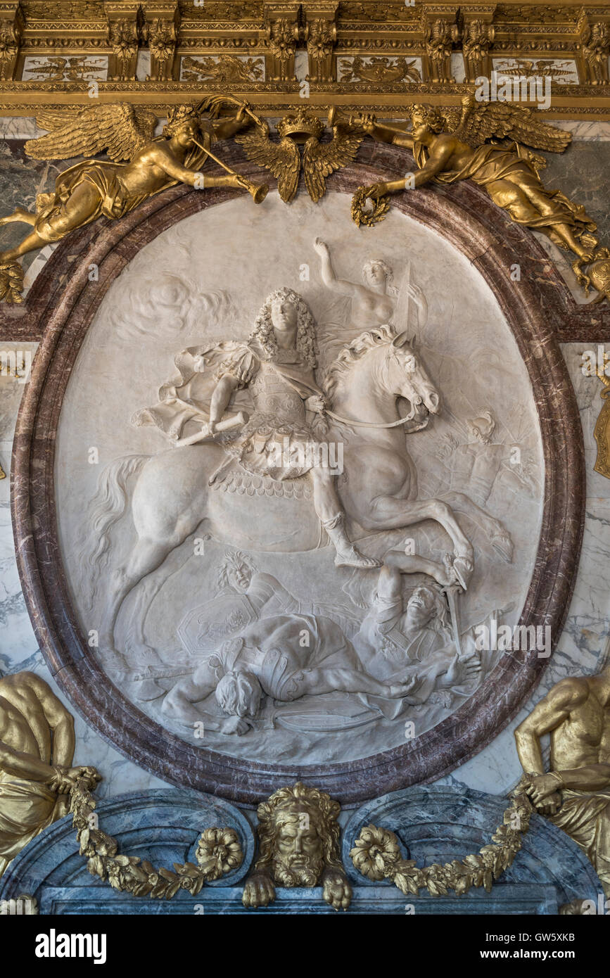 Louis XIV on horseback relief in The War Room / Salon, Palace of Versailles, Château de Versailles, Île-de-France, France Stock Photo