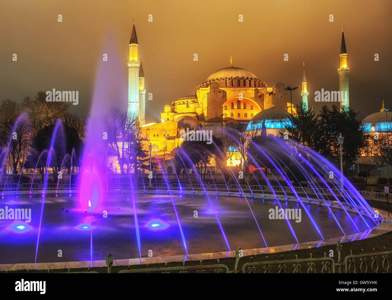 Hagia Sophia and colorful fountain in Sultanahmet park, Istanbul ...