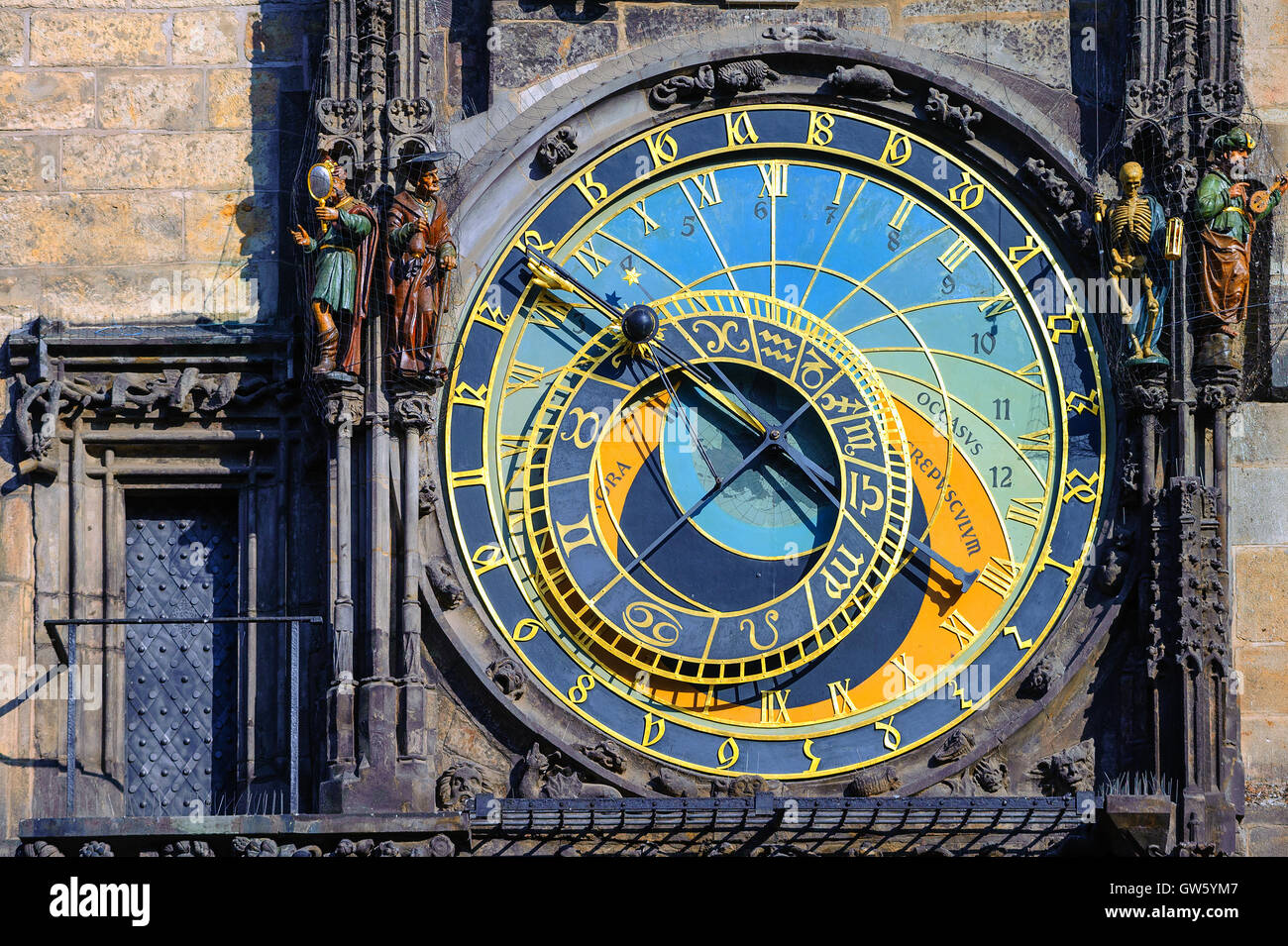 The Horologe (Orloj), the medieval astronomic clock, on the Old Town Hall Tower in Prague, Czech Republic Stock Photo