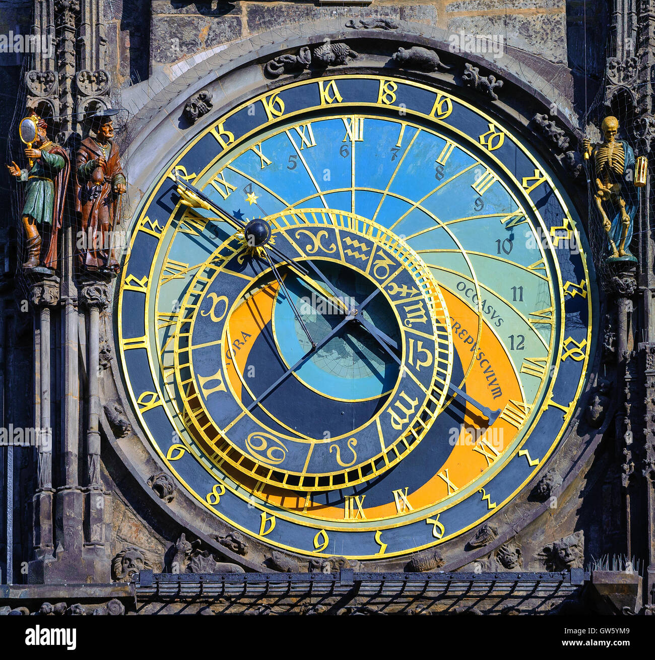 The Horologe (Orloj), the medieval astronomic clock, on the Old Town Hall Tower in Prague, Czech Republic Stock Photo