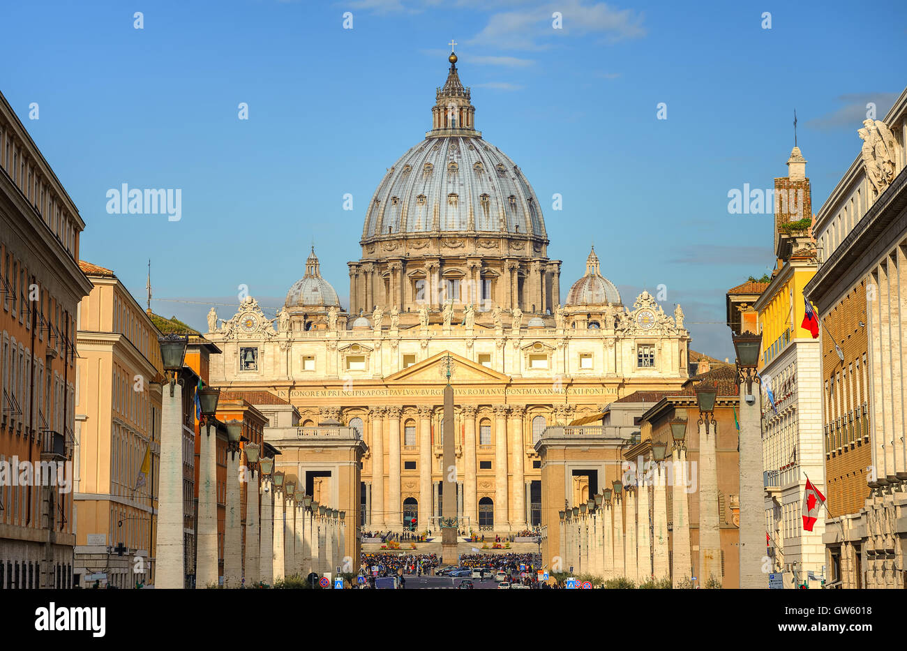 The main facade and the dome of Papal Basilica of St. Peter in the ...