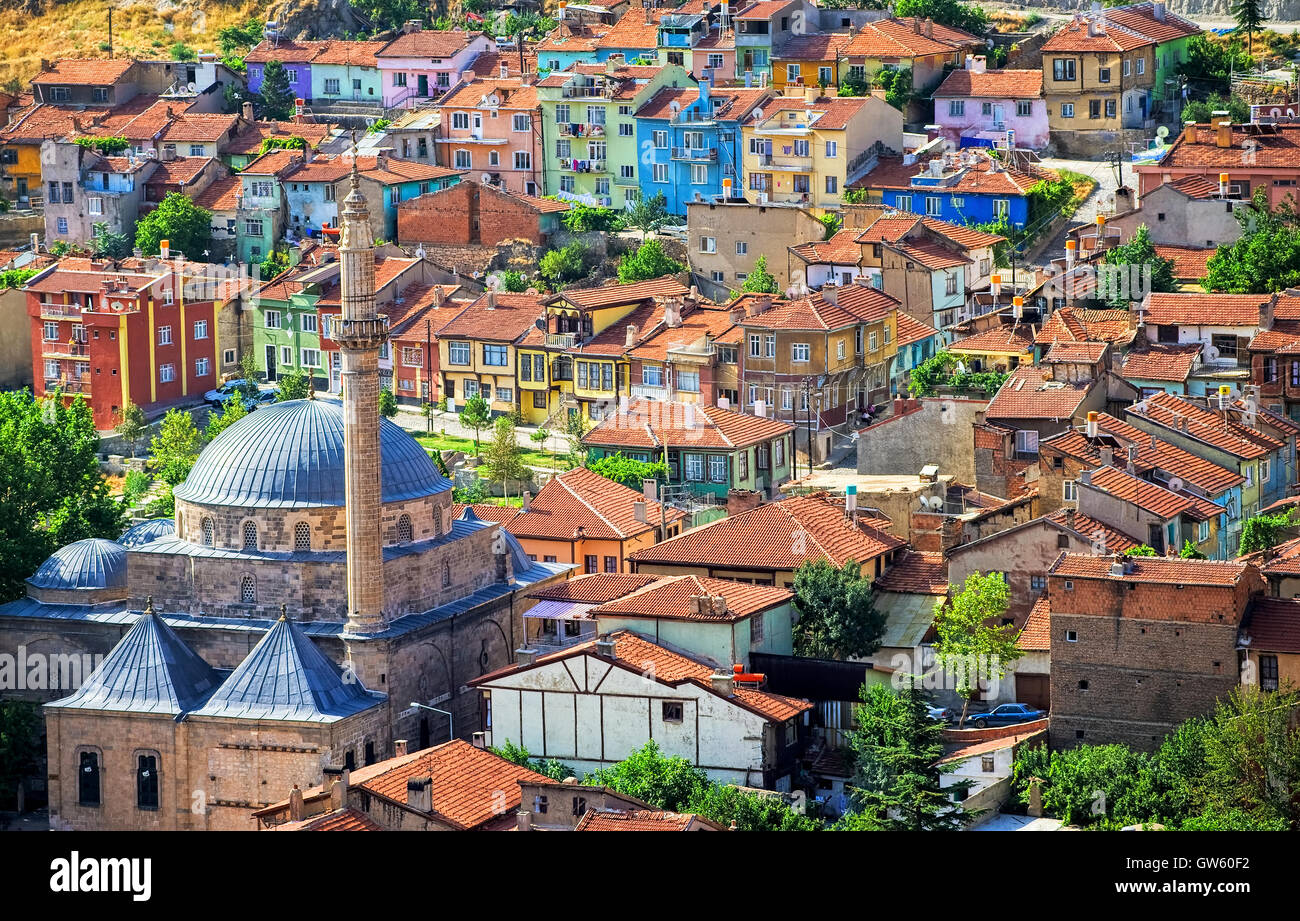 Colorful traditional ottoman houses and a mosque in the old town center