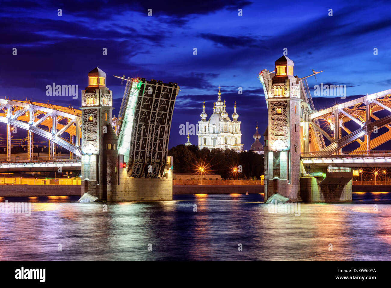 Peter the Great Bridge and Smolny Cathedral at summer white night time, St Petersburg, Russia Stock Photo
