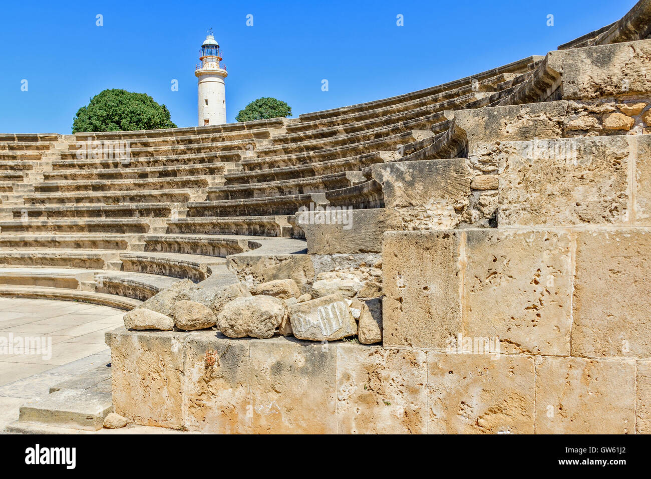 Amphitheatre and Lighthouse Paphos Cyprus Stock Photo