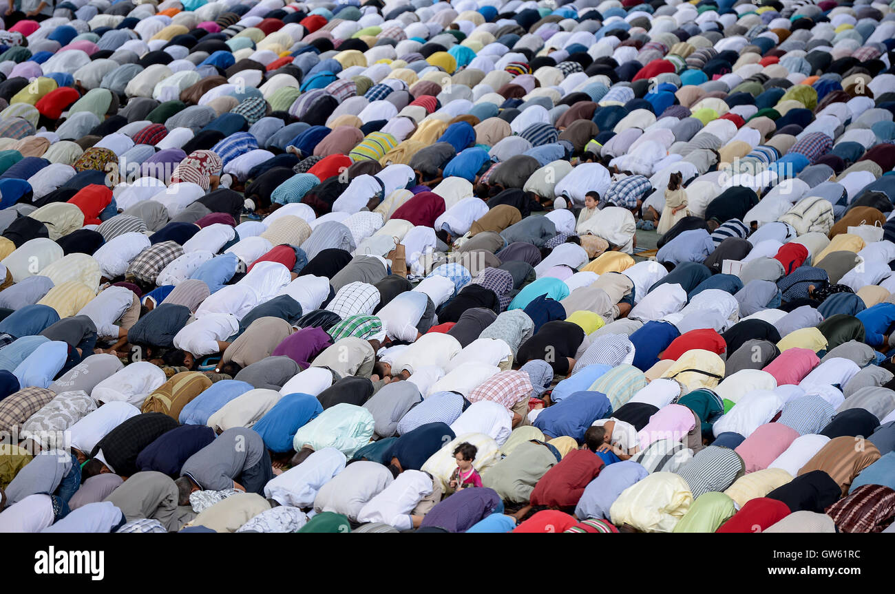 Turin, Italy. 12th Sep, 2016. The prayer of the local Muslim community prayer during the Eid al-Adha (Festival of Sacrifice). The annual prayer for the Eid al-Adha (Festival of the Sacrifice) takes place in Turin. The Muslim community of Turin meets to pray at Parco Dora (Dora Park). Credit:  Nicolò Campo/Pacific Press/Alamy Live News Stock Photo