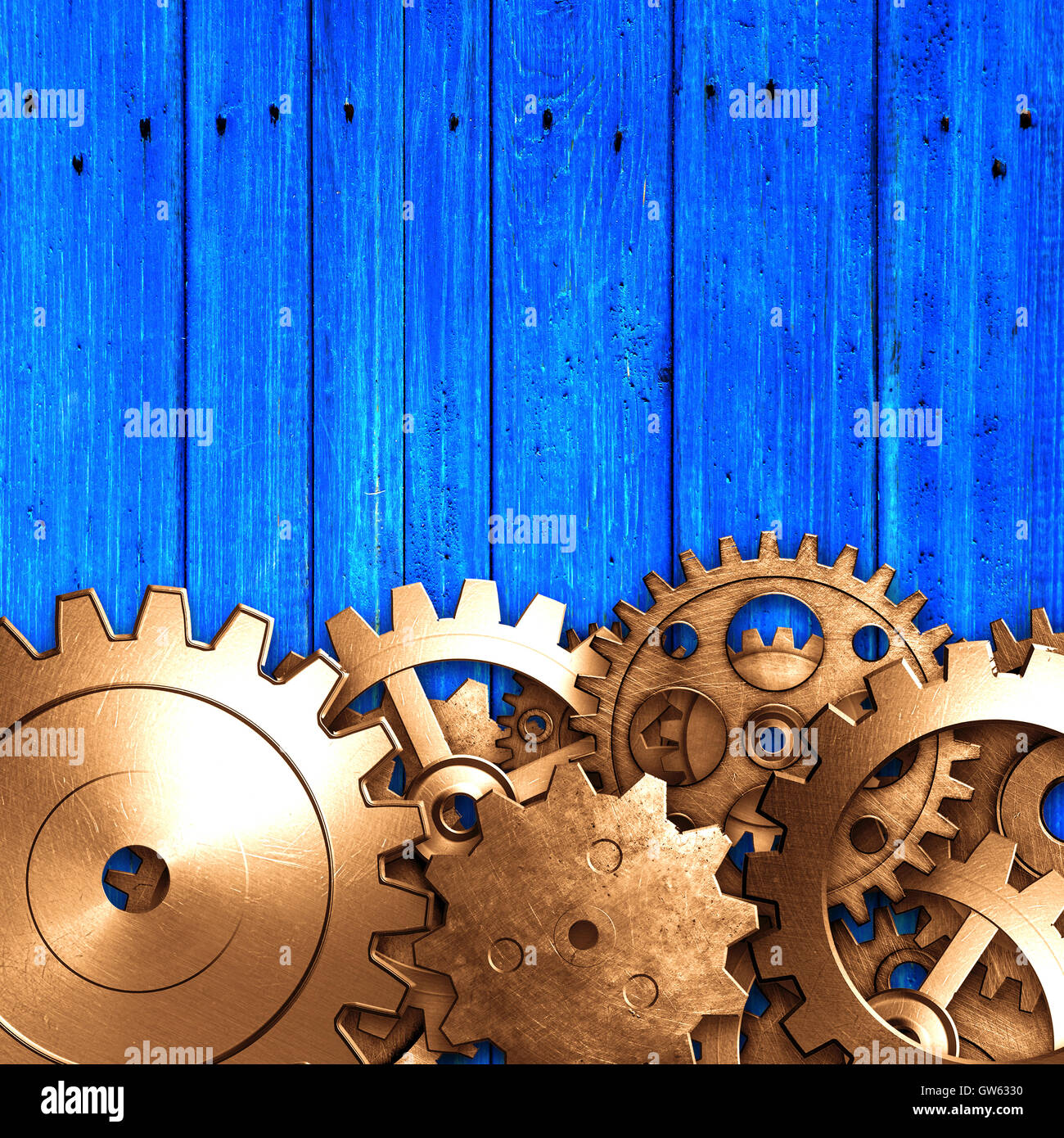 metal gear design blue rustic wood board. 3d illustration material