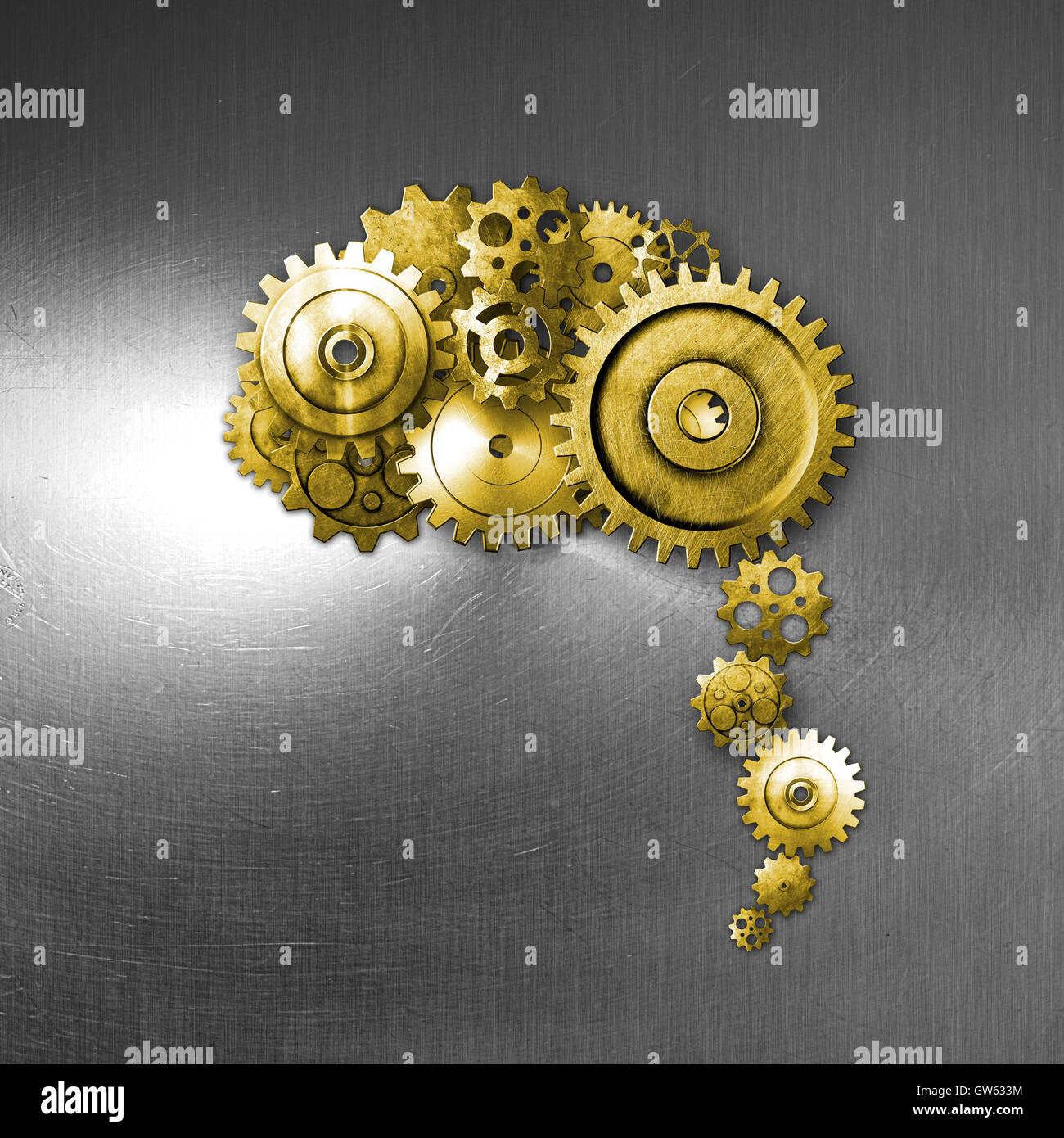 gold metal gear on metal background look like a human brain. material design. 3d illustration. Stock Photo