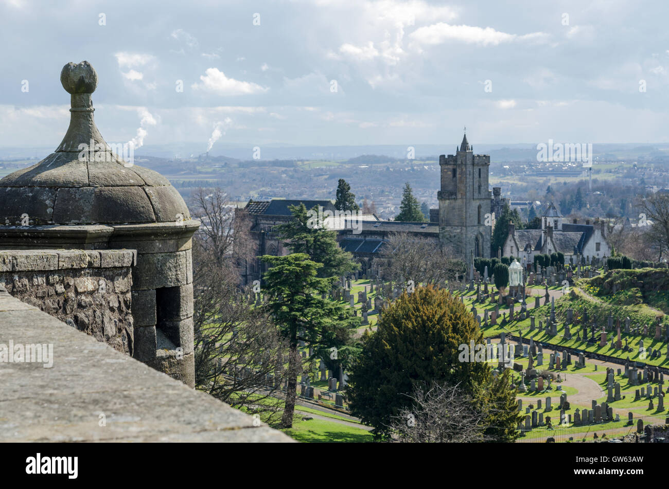 Church of the Holyrude and its graveyard shot from Stirling Castle battlements, Stirling, Scotland, UK Stock Photo