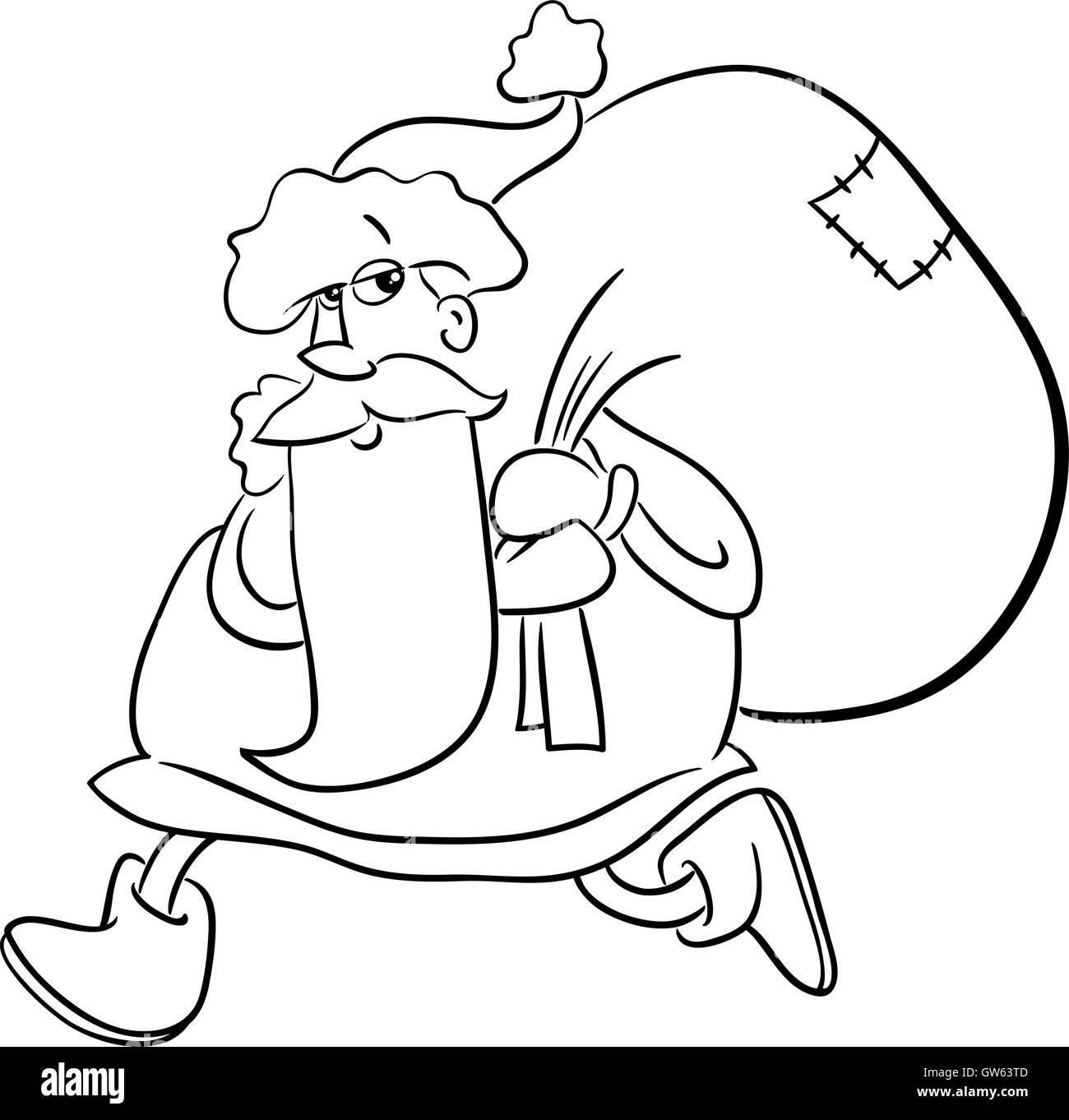 Black and White Cartoon Illustration of Santa Claus Walking with Sack ...
