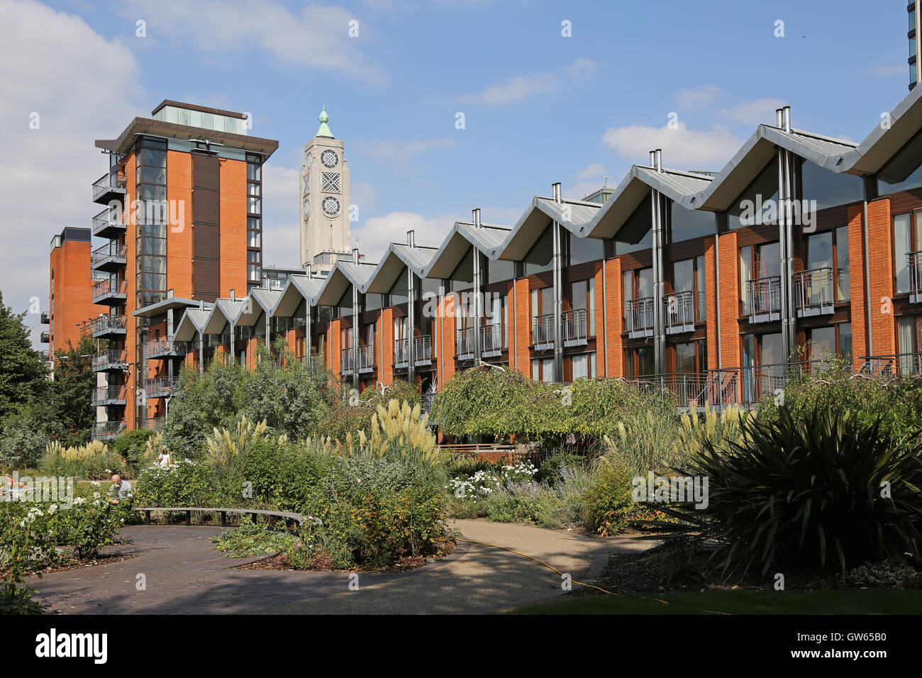 Gardens in front of town houses and apartments in London's Coin Street community housing scheme on the south bank of the Thames Stock Photo