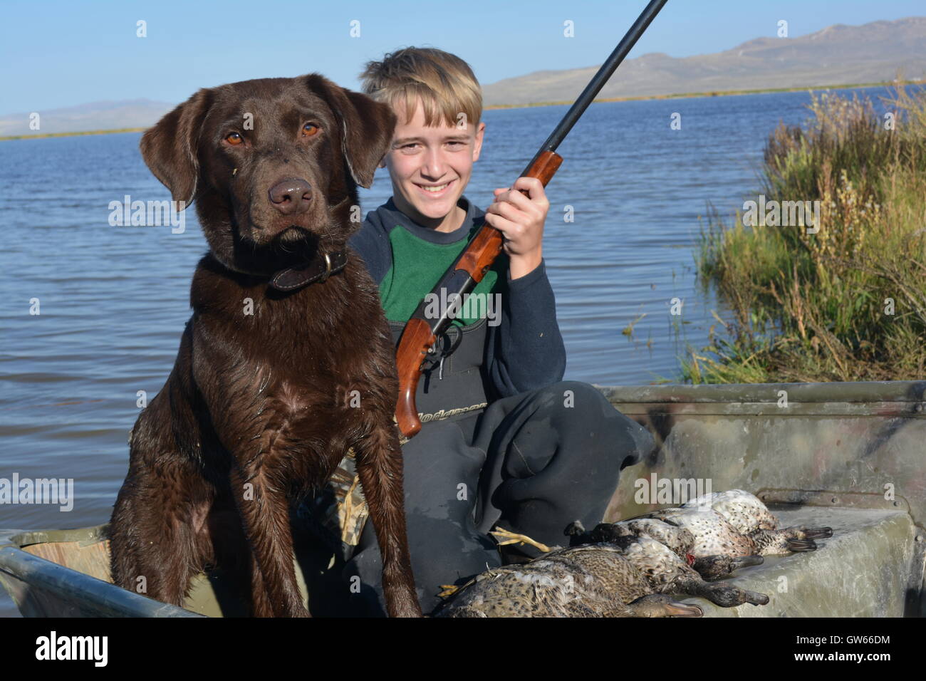 Young boy duck hunter with his dog on the utah youth waterfowl hunt. Stock Photo