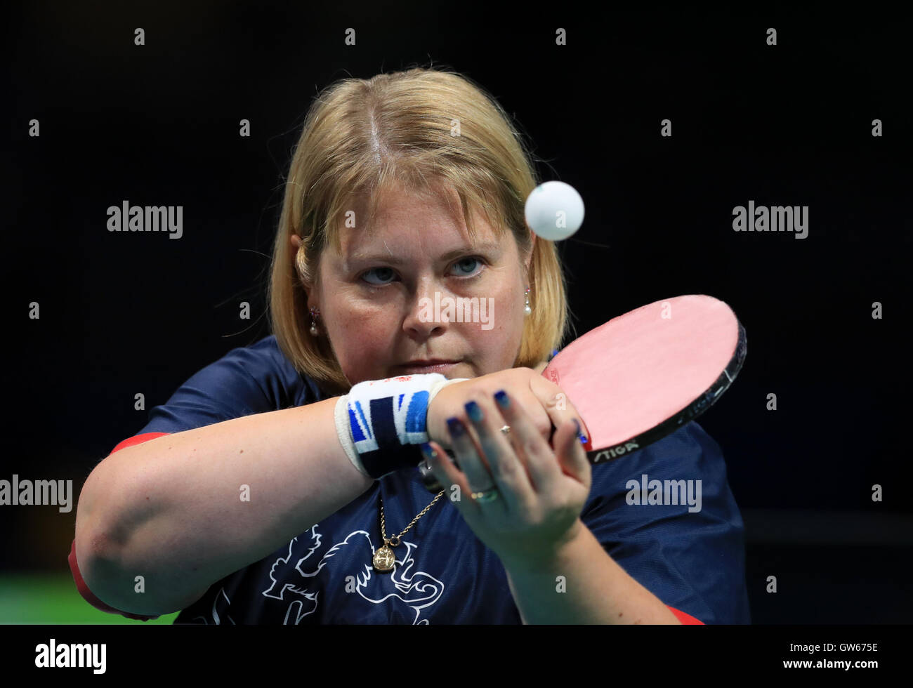 Great Britain's Susan Gilroy competes in the the class four Women's Singles Table Tennis bronze Medal Match, during the fifth day of the 2016 Rio Paralympic Games in Rio de Janeiro, Brazil. Stock Photo