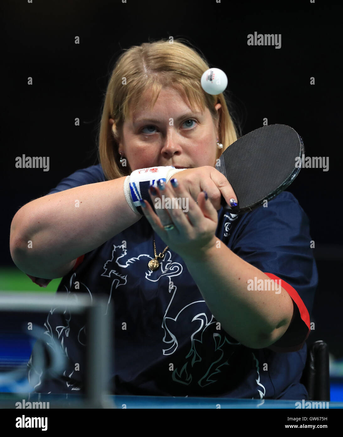 Great Britain's Susan Gilroy competes in the the class four Women's Singles Table Tennis bronze Medal Match, during the fifth day of the 2016 Rio Paralympic Games in Rio de Janeiro, Brazil. Stock Photo