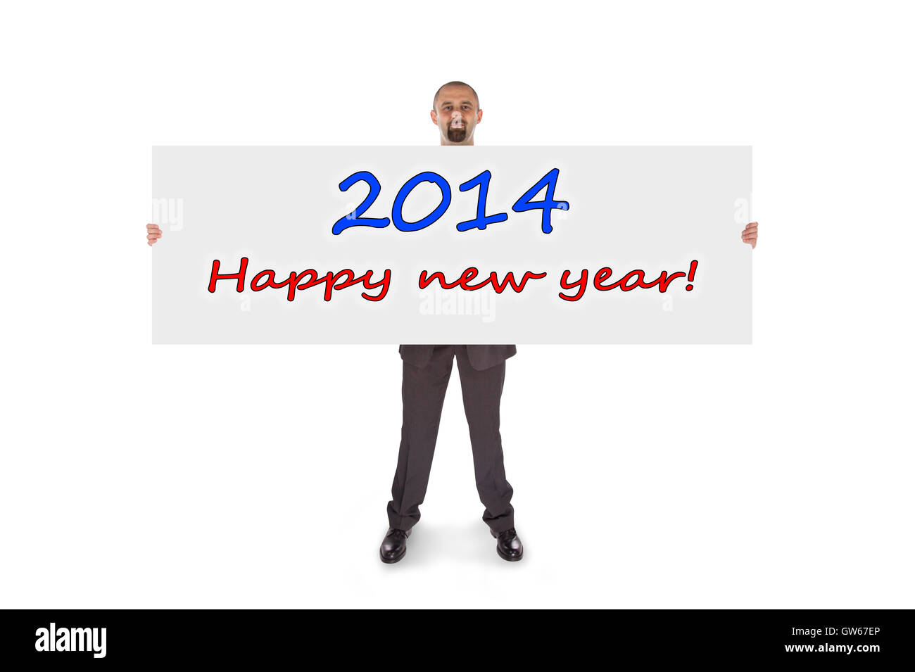 Smiling businessman holding a really big card Stock Photo - Alamy