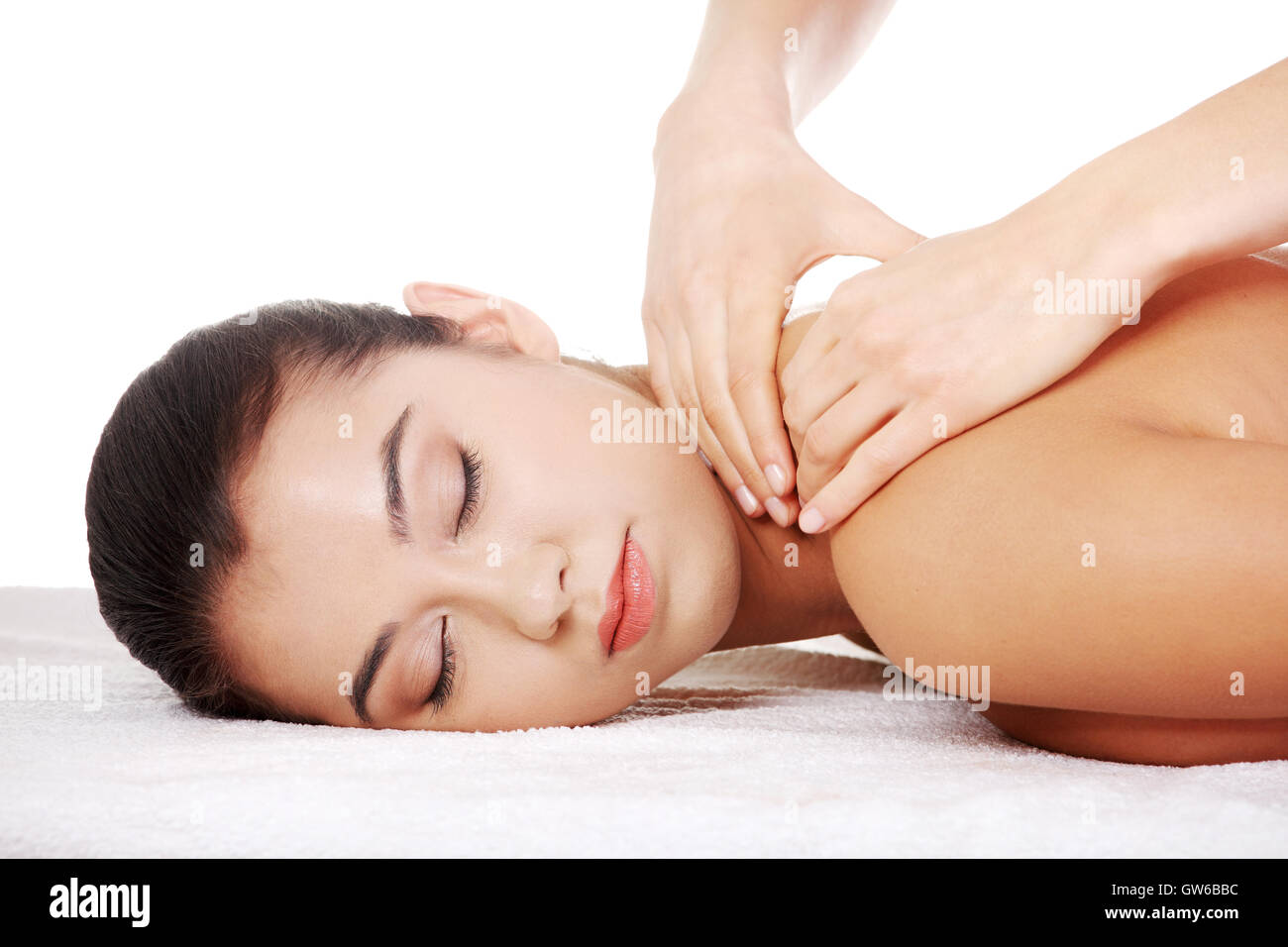 Preaty young woman relaxing in spa saloon Stock Photo