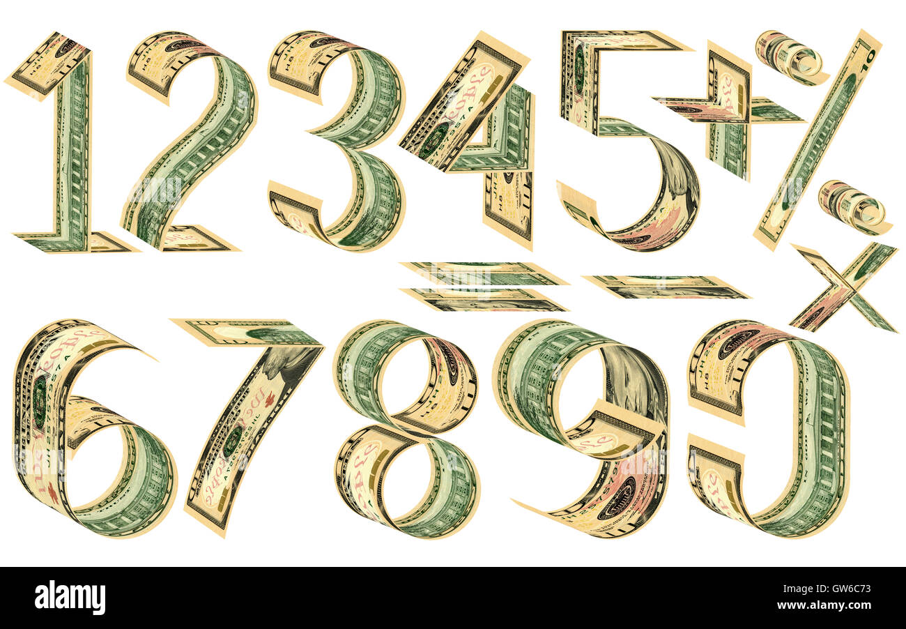 Numbers, percent and mathematical signs from dollars. Made of ten