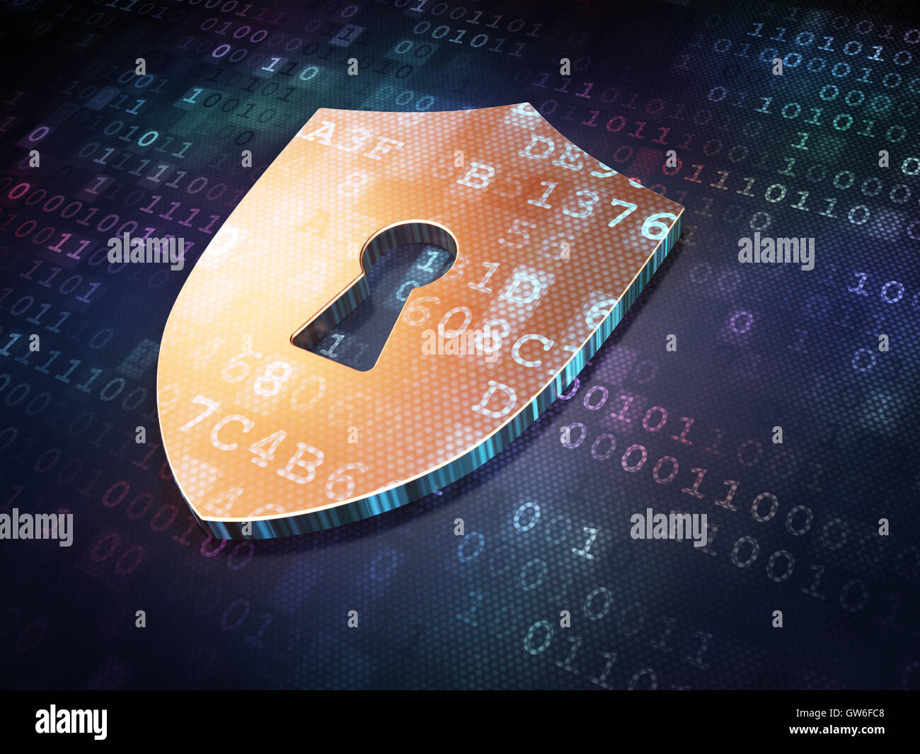 Safety concept: Golden Shield With Keyhole on digital background Stock ...