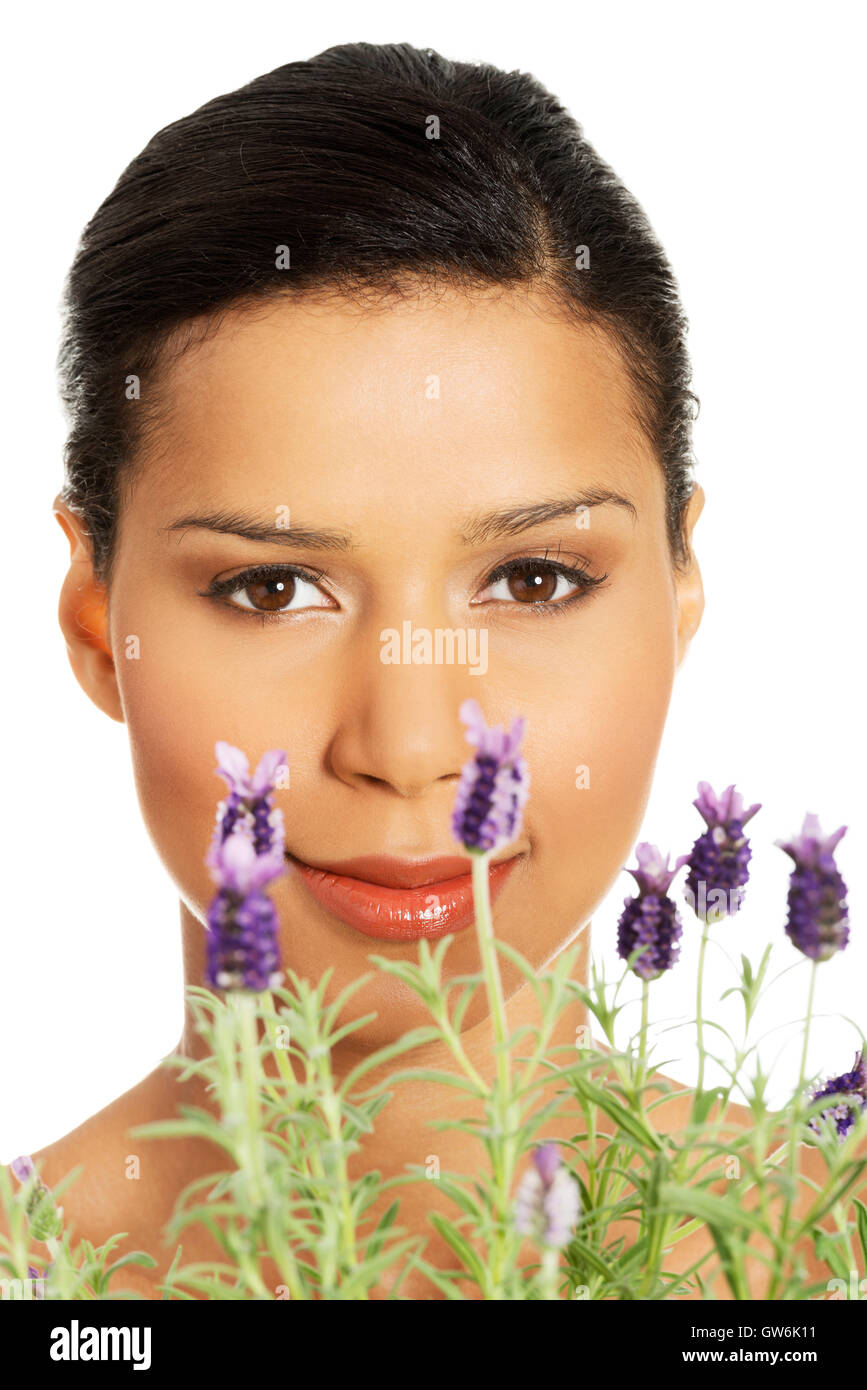Beautiful girl smell lavender flowers Stock Photo Alamy