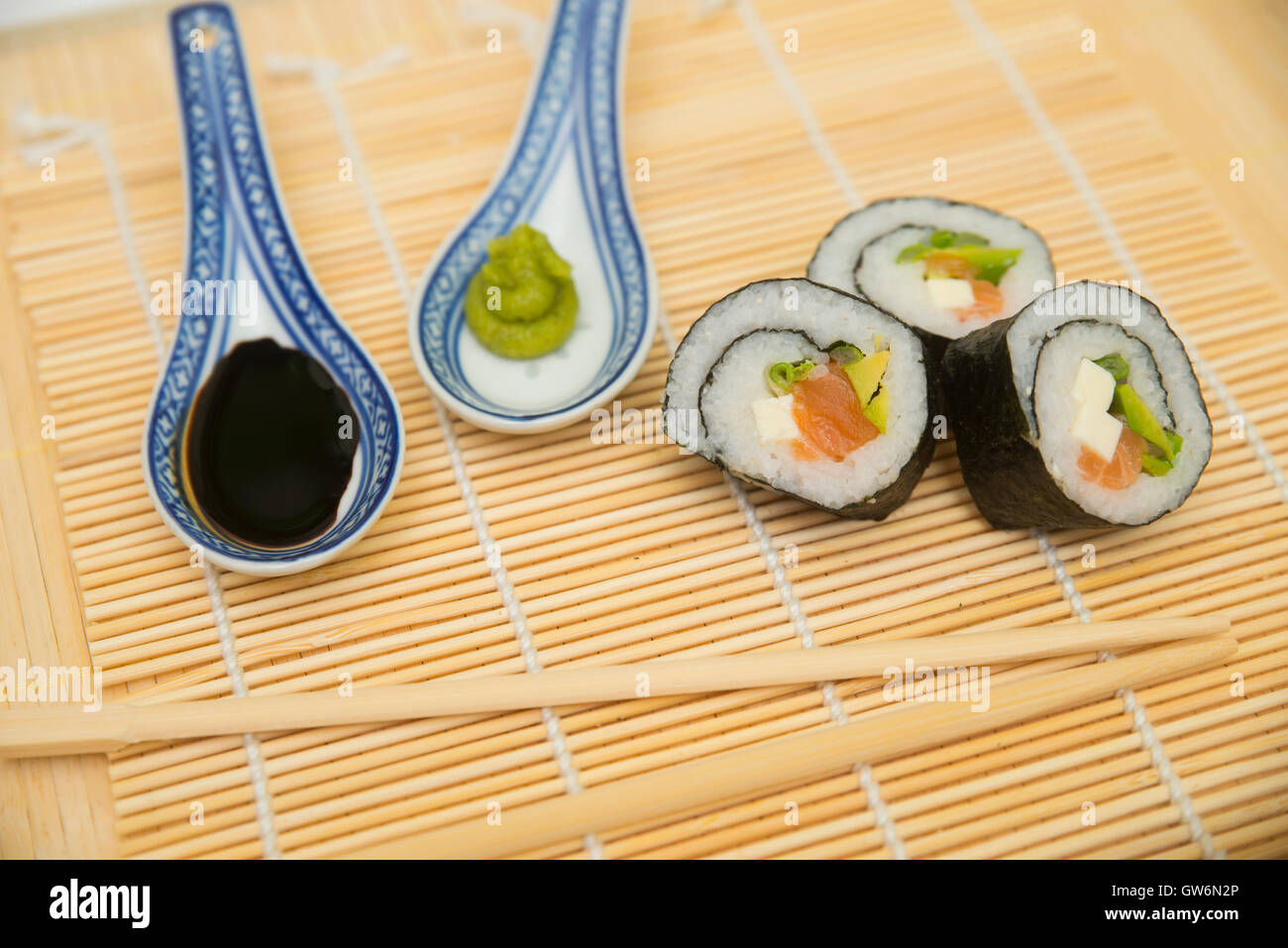 sushi with chopsticks and soya sauce, wassabi Stock Photo